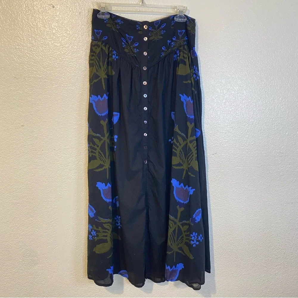 Free People Black Maxi Skirt with Blue & Olive Floral Print